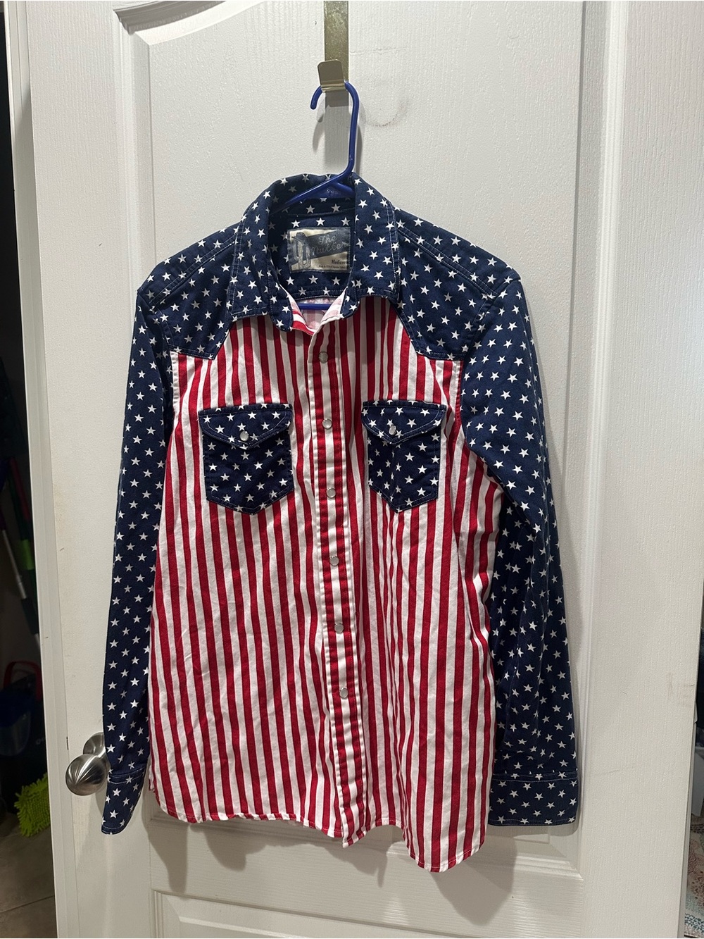 American Flag Print Men’s Button-Up Shirt - Blue & Red, “The Nutter”